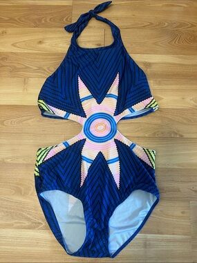 Star burst  navy multi geometric printed one-piece swimsuit with side cutouts